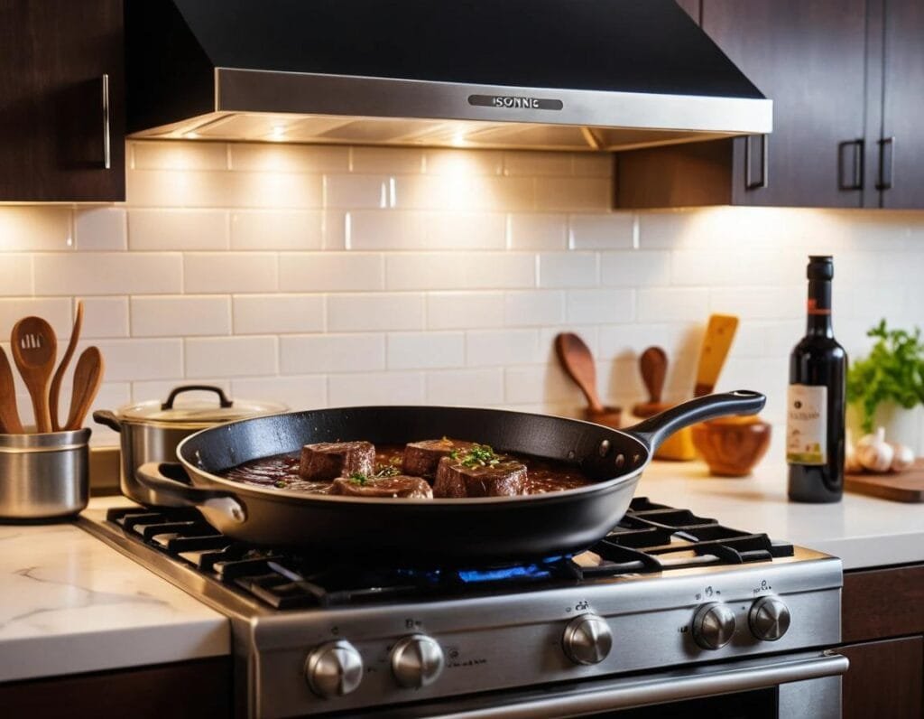 Stirring black pepper sauce in a pan with garlic and onions.