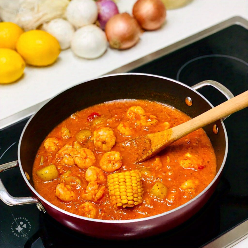 Seafood boil sauce simmering in a saucepan with a wooden spoon.