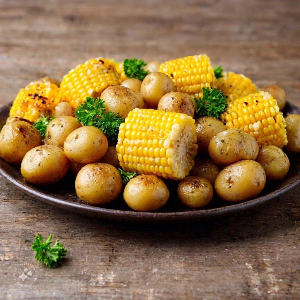 Close-up of corn on the cob and baby potatoes served with butter and herbs on a platter.