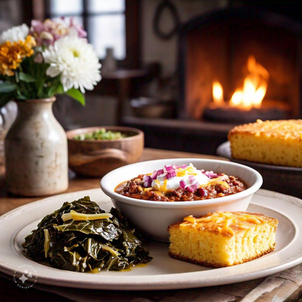 Southern cornbread served alongside a bowl of chili and collard greens.