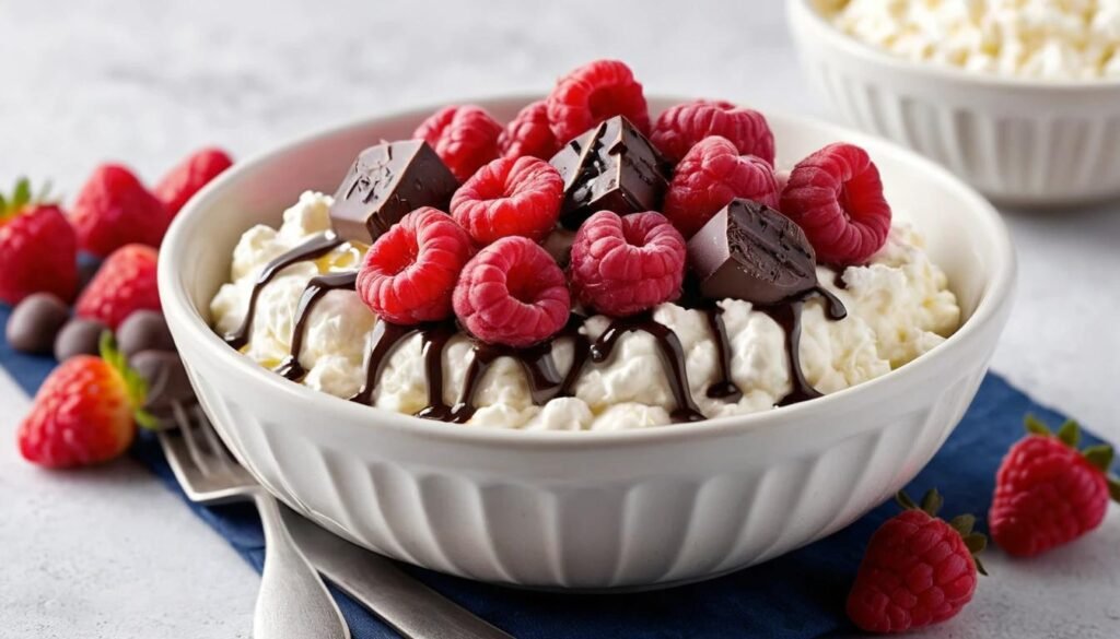 Cottage cheese topped with dark chocolate and berries as a light dessert.