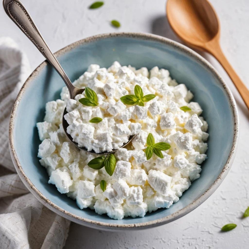 Spoon of cottage cheese in a bowl with high protein content