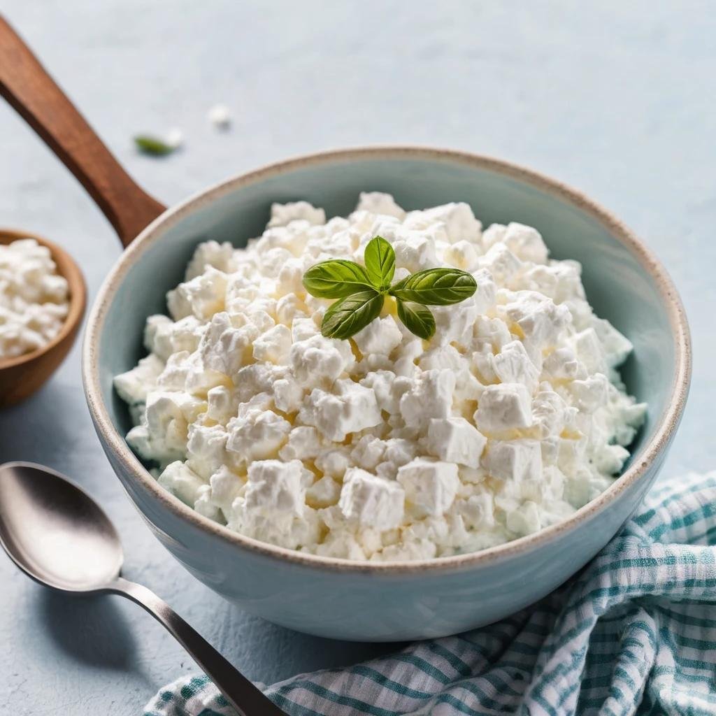 Spoon of cottage cheese in a bowl with high protein content