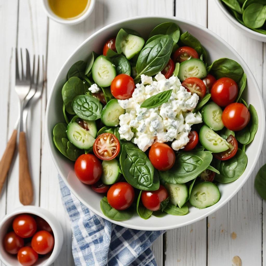 A fresh salad with cottage cheese as a topping