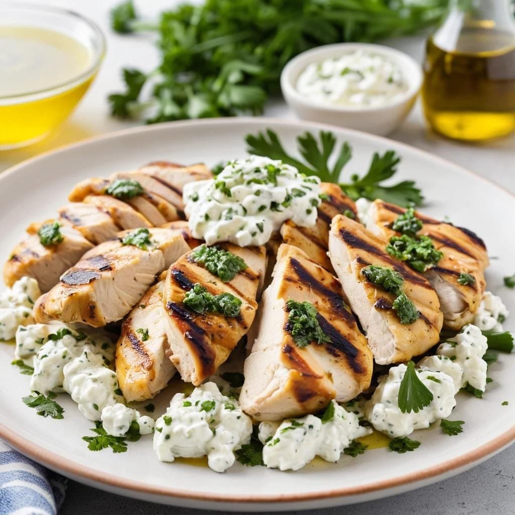 Cottage cheese with grilled chicken and herbs