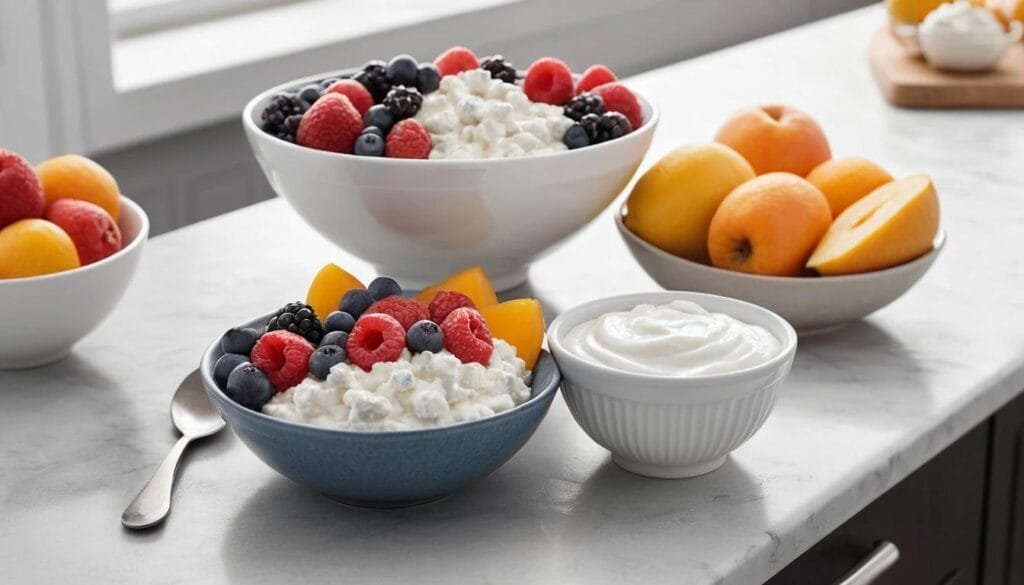 A split-screen showing cottage cheese on one side and yogurt on the other.