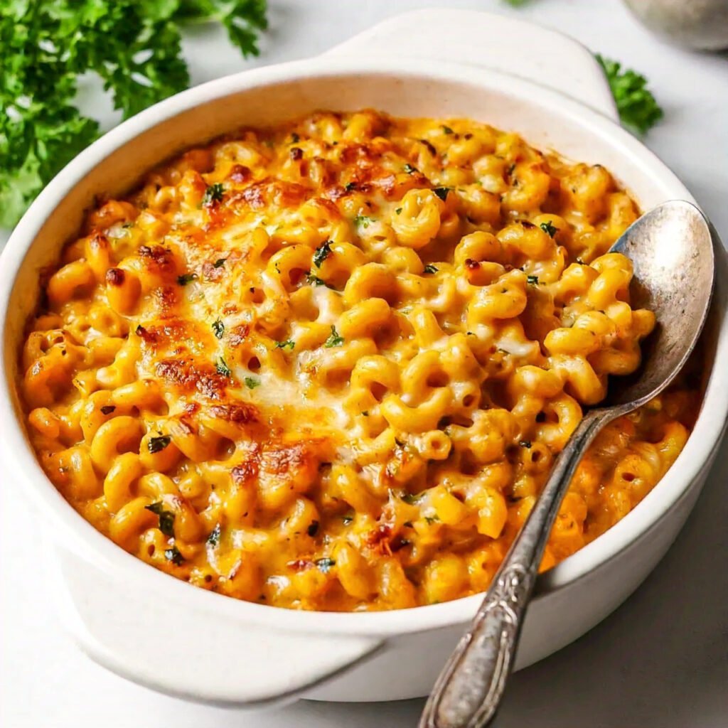 A golden-brown cheesy ditalini pasta bake fresh out of the oven.