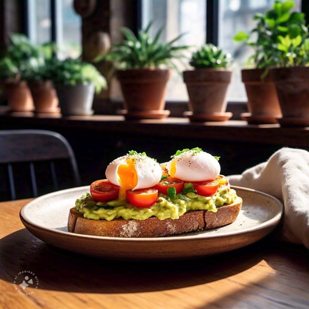 Avocado toast topped with poached eggs, tomatoes, and a drizzle of olive oil.