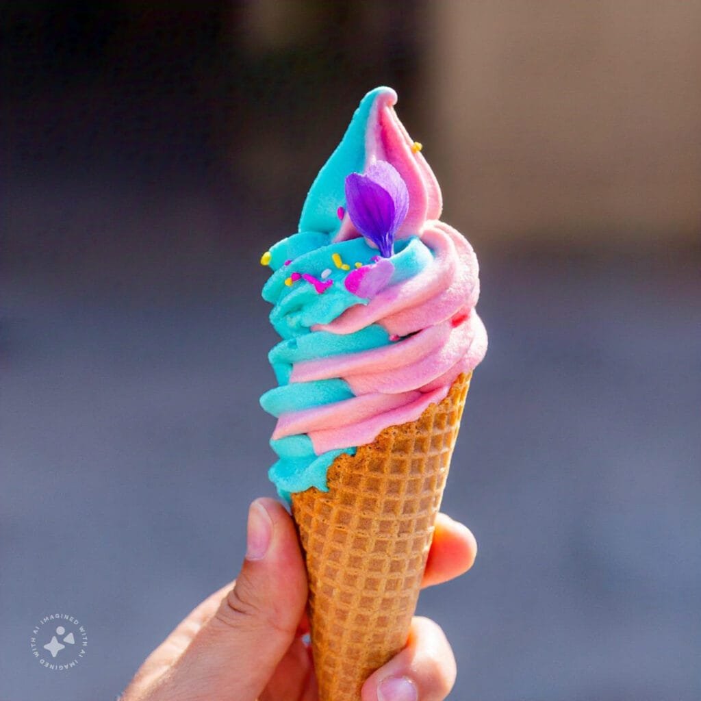 Artisanal ice cream cone with unique toppings like edible flowers