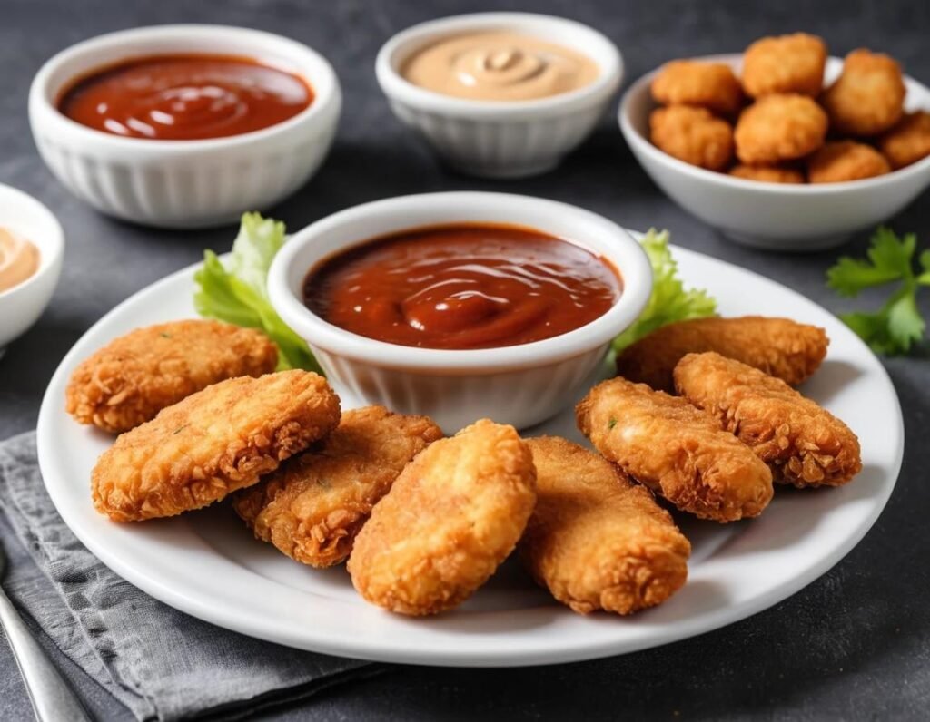 Homemade chicken nuggets with dipping sauce.