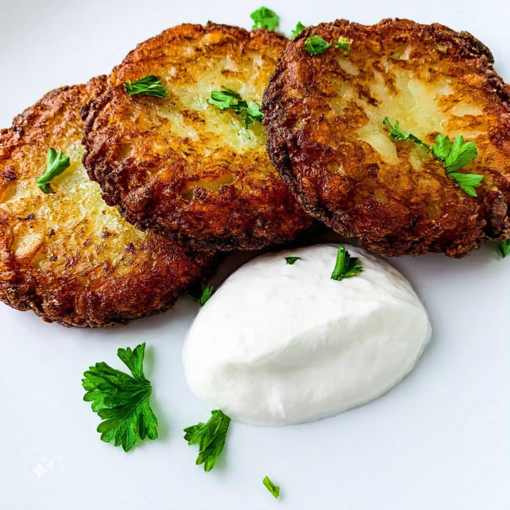 Potato latkes served with sour cream