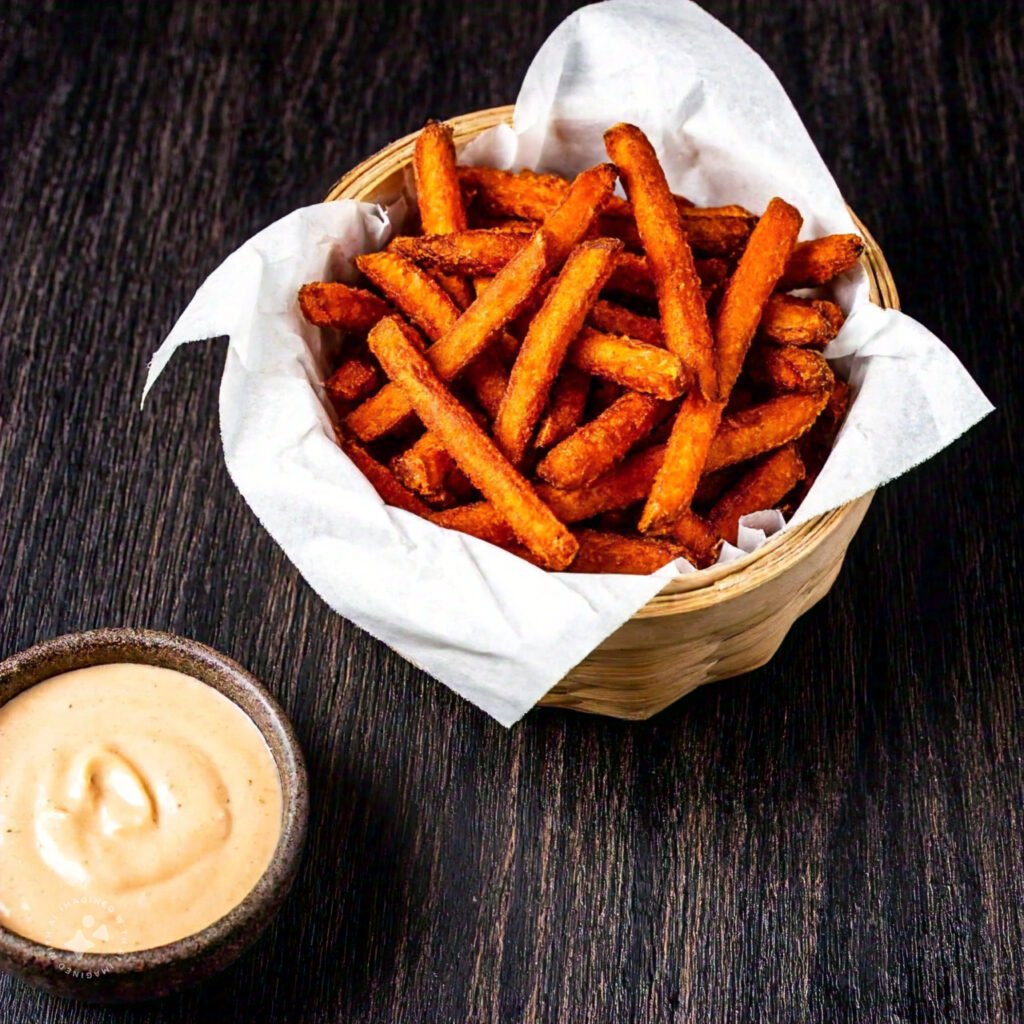 Golden sweet potato fries served in a basket with a side of dipping sauce.