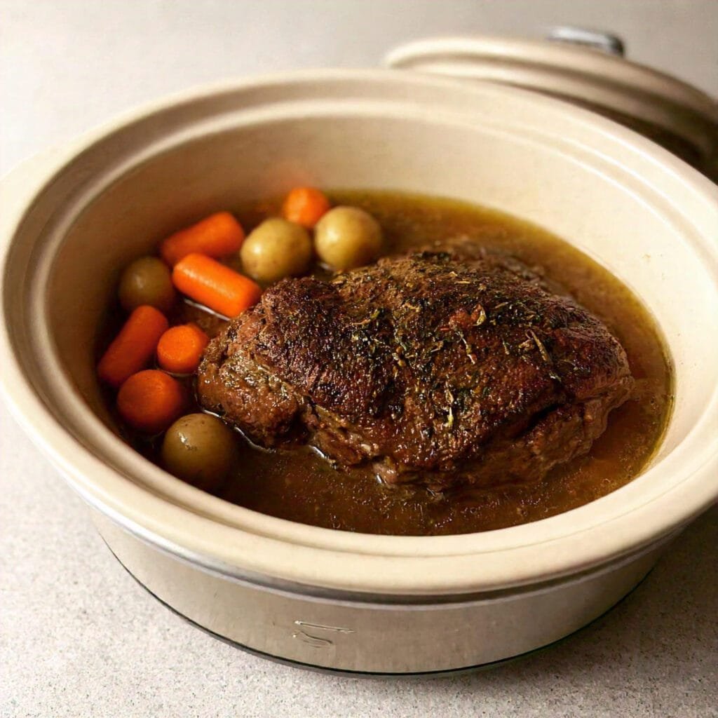 Chuck roast cooking in a crockpot with vegetables.