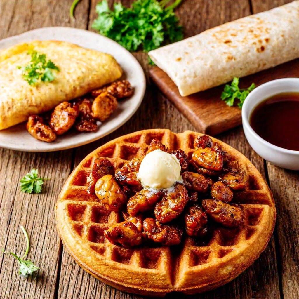 A variety of chicken breakfast dishes beautifully arranged on a rustic wooden table.