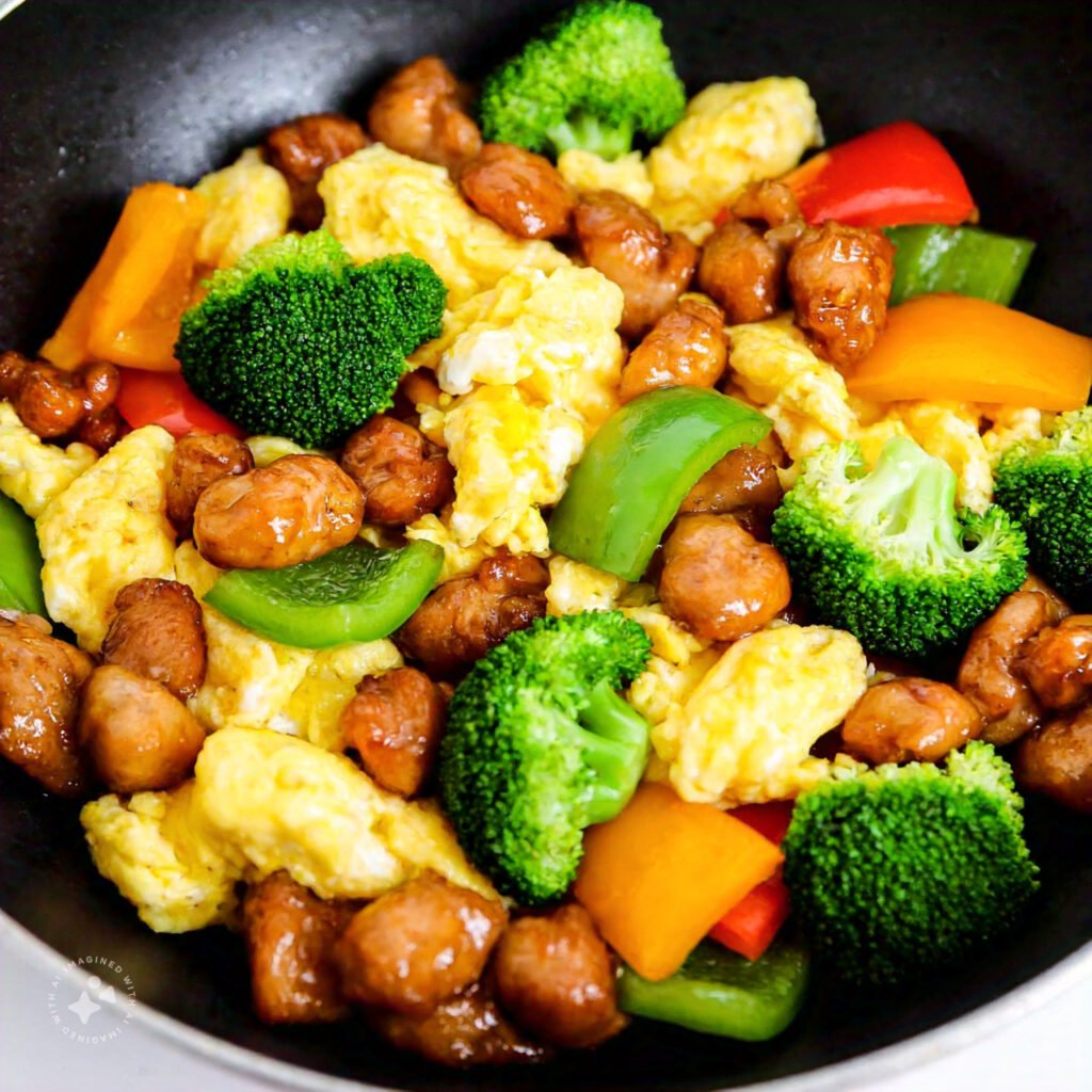 Stir-fry with chicken, eggs, and vegetables