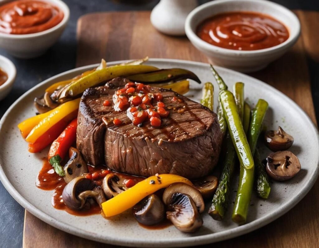 Pepper steak sauce served with grilled steak and vegetables.