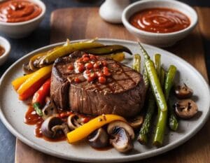 What is Pepper Steak Sauce Made Of? 1 Pepper steak sauce served with grilled steak and vegetables.