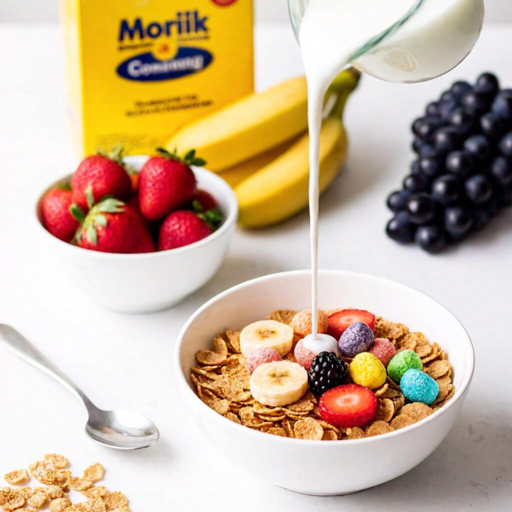 A bowl of high-fiber cereal with milk