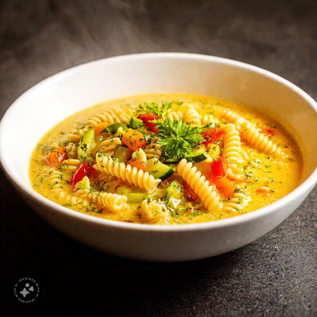 A bowl of ditali pasta in a rich vegetable soup with herbs and spices.