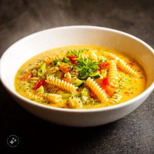 What is the Difference Between Ditali and Ditalini Pasta? 1 A bowl of ditali pasta in a rich vegetable soup with herbs and spices.