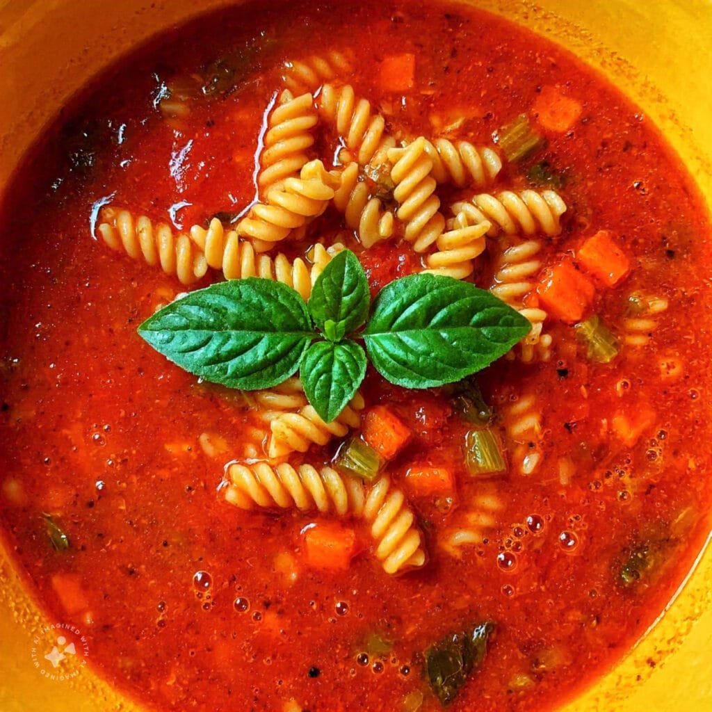 Ditalini pasta floating in a vibrant minestrone soup with vegetables.  