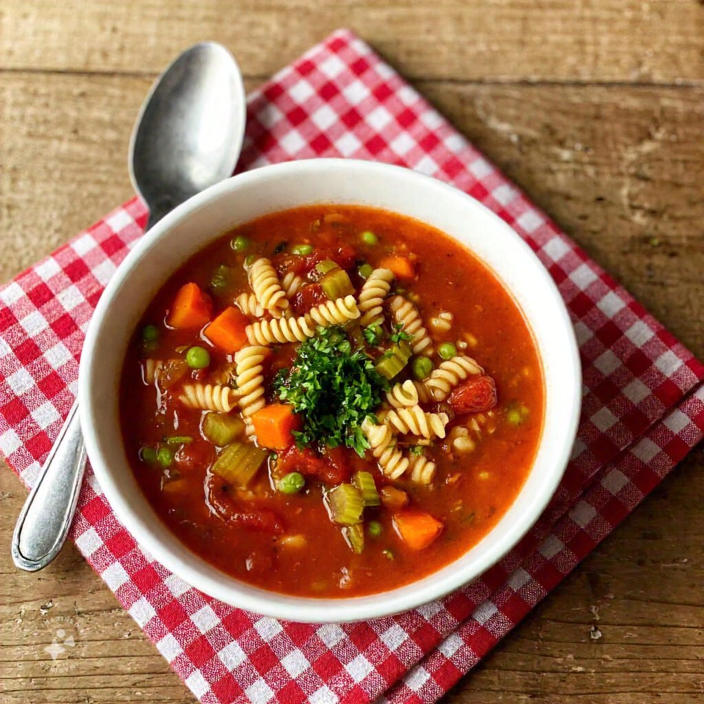 A steaming bowl of soup featuring ditalini pasta, carrots, celery, and broth.