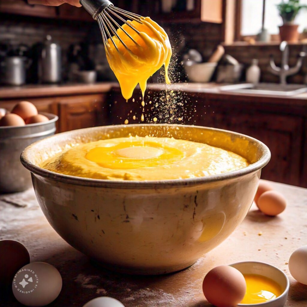 A close-up of eggs cracked into a bowl of cornbread batter