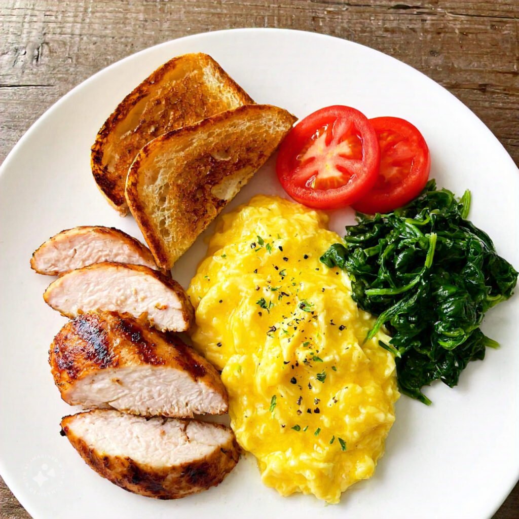 Eggs and chicken on a breakfast plate with vegetables.