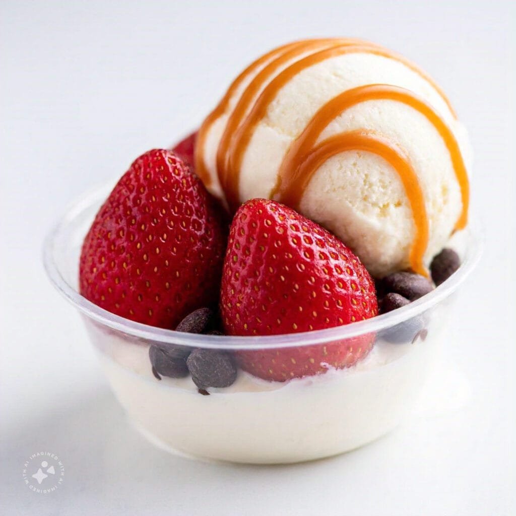 Vanilla ice cream topped with fruit and caramel