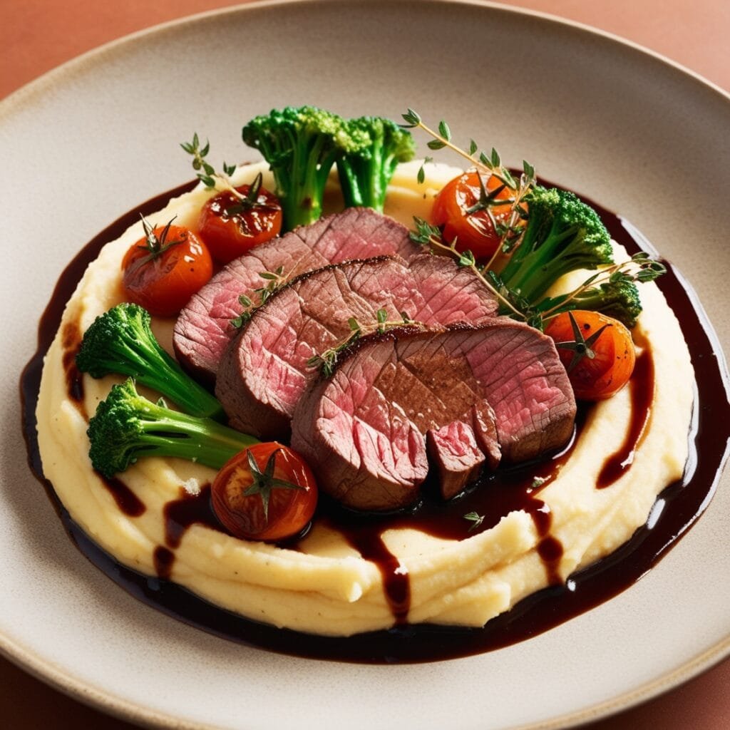 Filet Mignon steak served with mashed potatoes and vegetables.