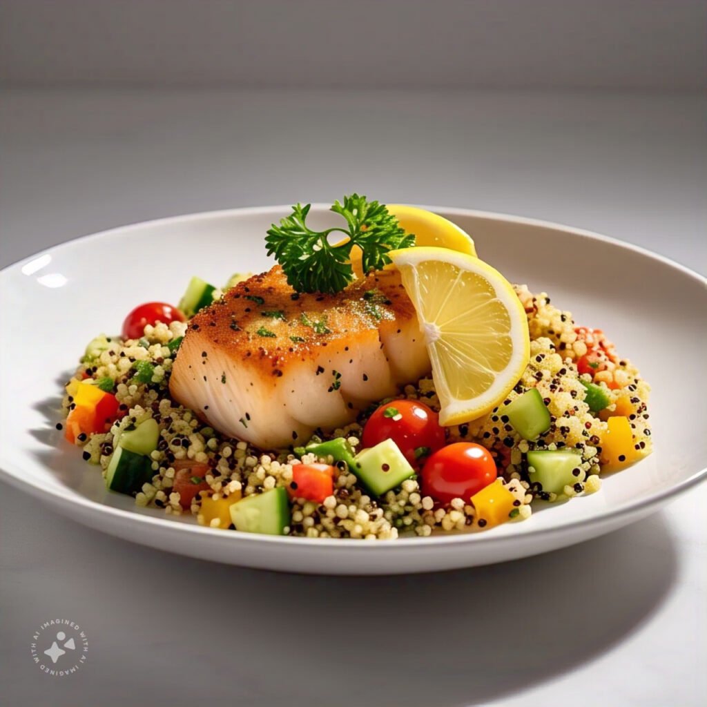 A seared fish fillet served with a quinoa salad and a lemon wedge on the side.