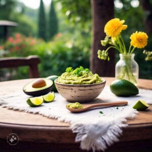 What Is Avocado Spread Made Of? 1 A bowl of creamy avocado spread garnished with lime and parsley