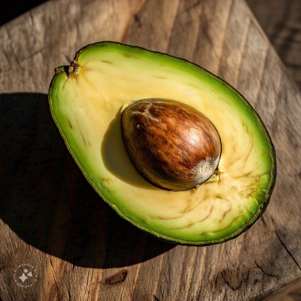 Fresh avocado cut in halves on a wooden board