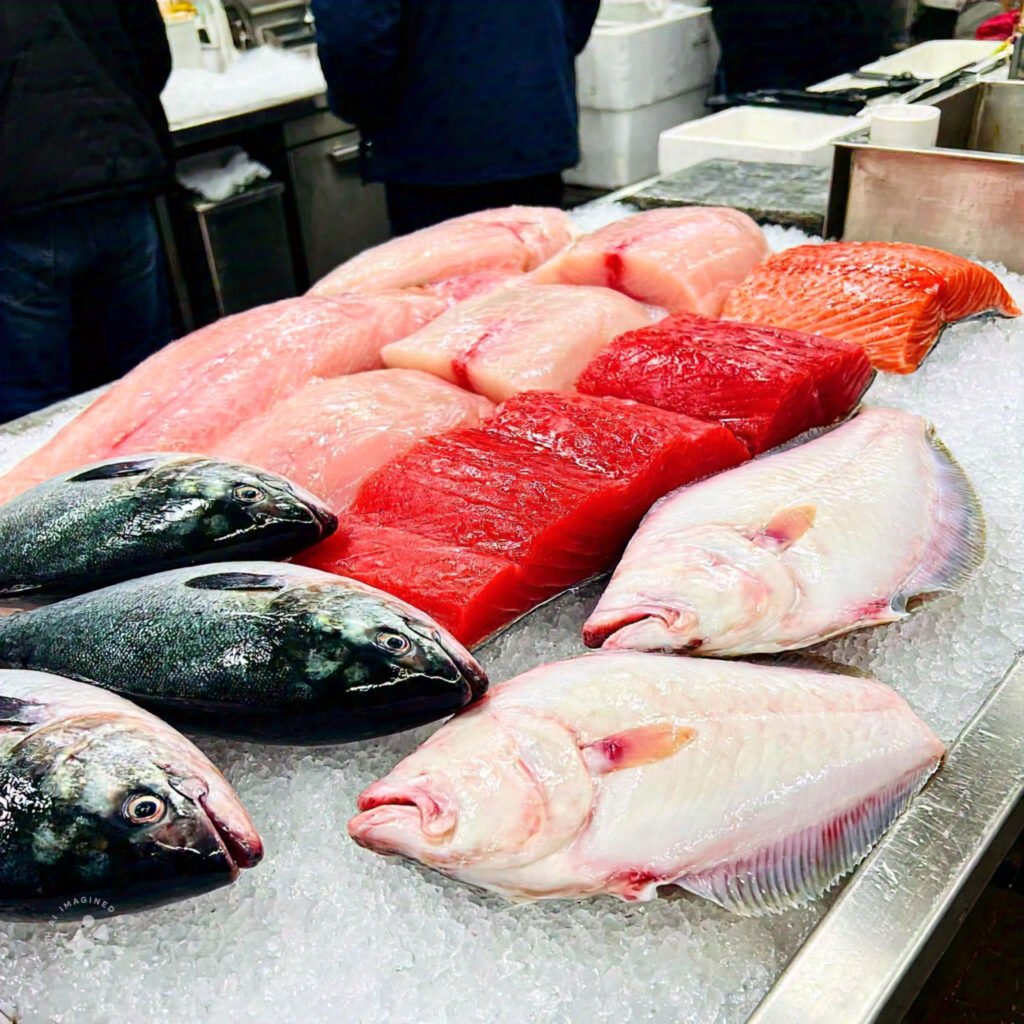 Fresh fish displayed at seafood market