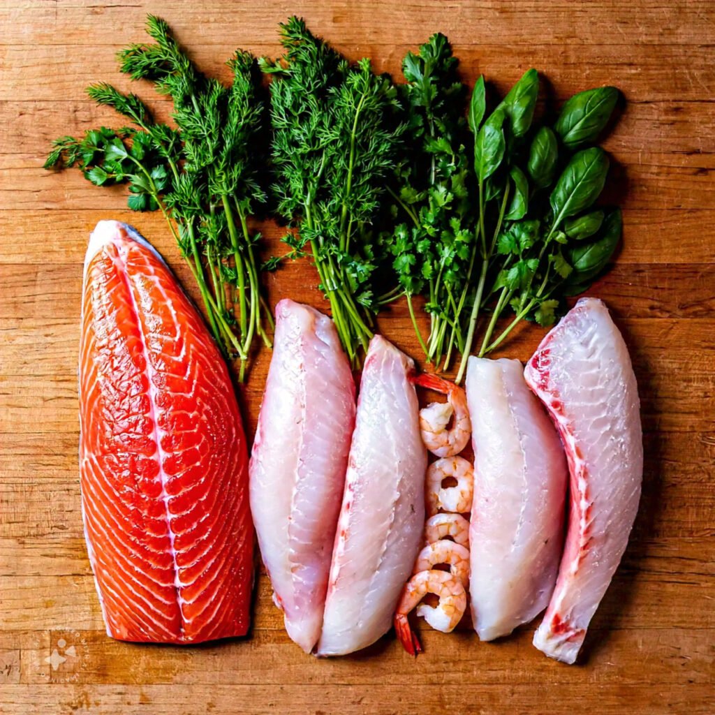 A vibrant display of fresh herbs like dill, parsley, cilantro, and thyme arranged next to raw fish fillets.