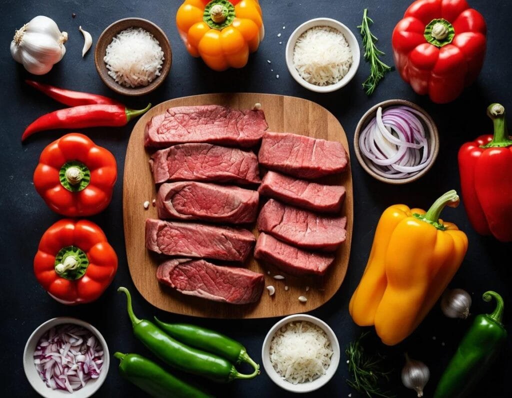 Fresh beef, bell peppers, and garlic for pepper steak.