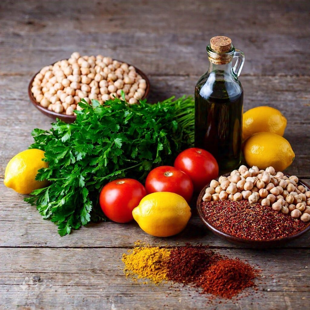 Fresh parsley, ripe tomatoes, lemons, olive oil, and spices on a rustic wooden table