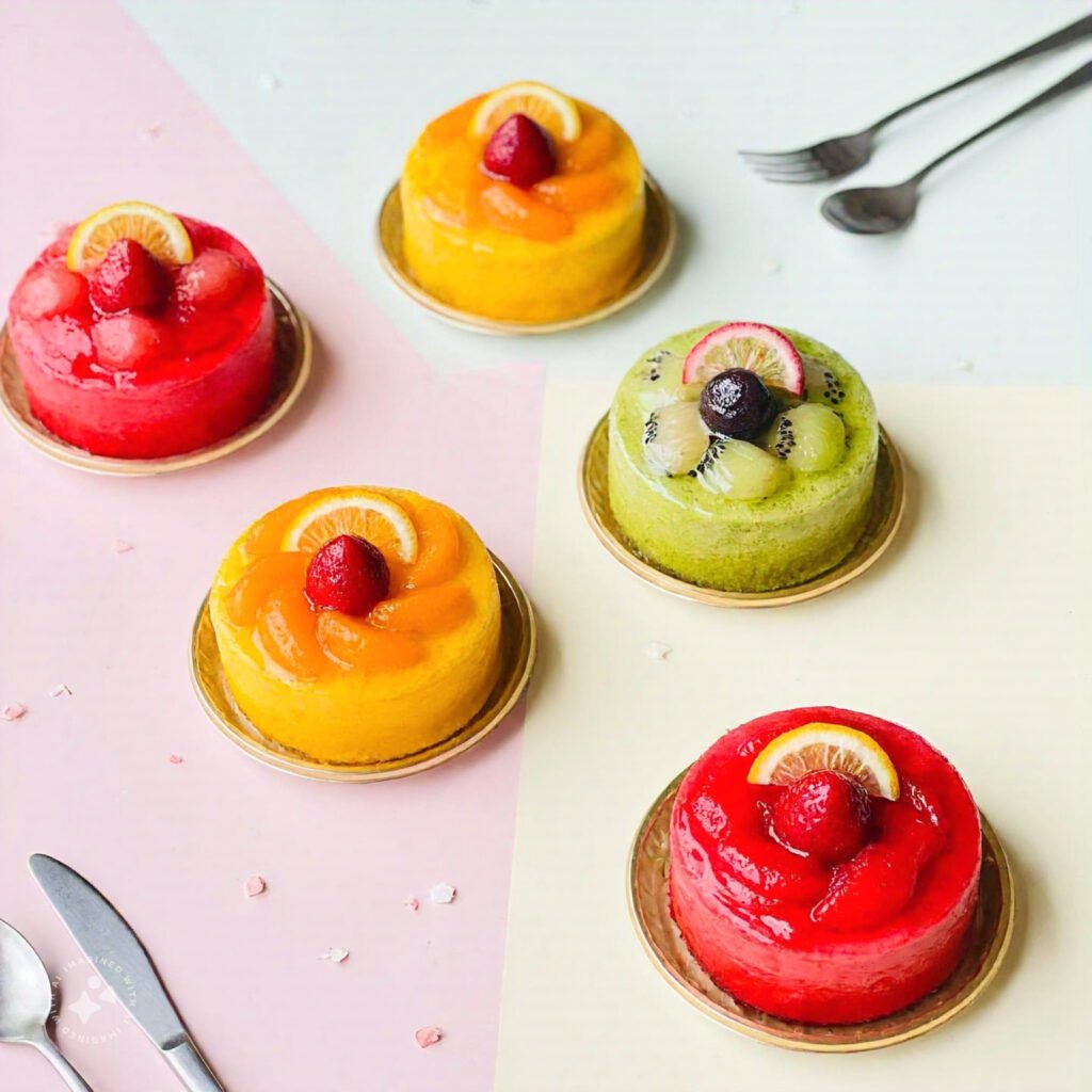 Lemon and strawberry cakes topped with fresh fruits.