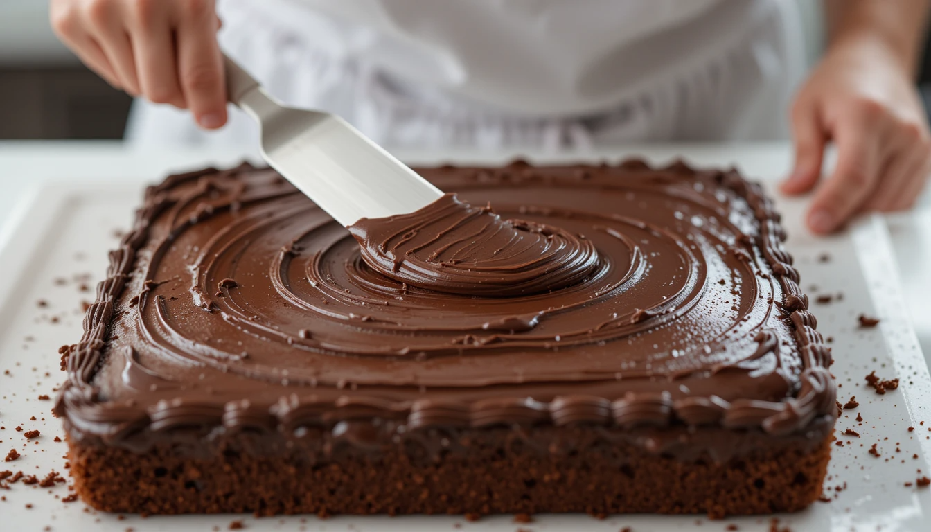 Frosting a Texas sheet cake with a rich chocolate topping.