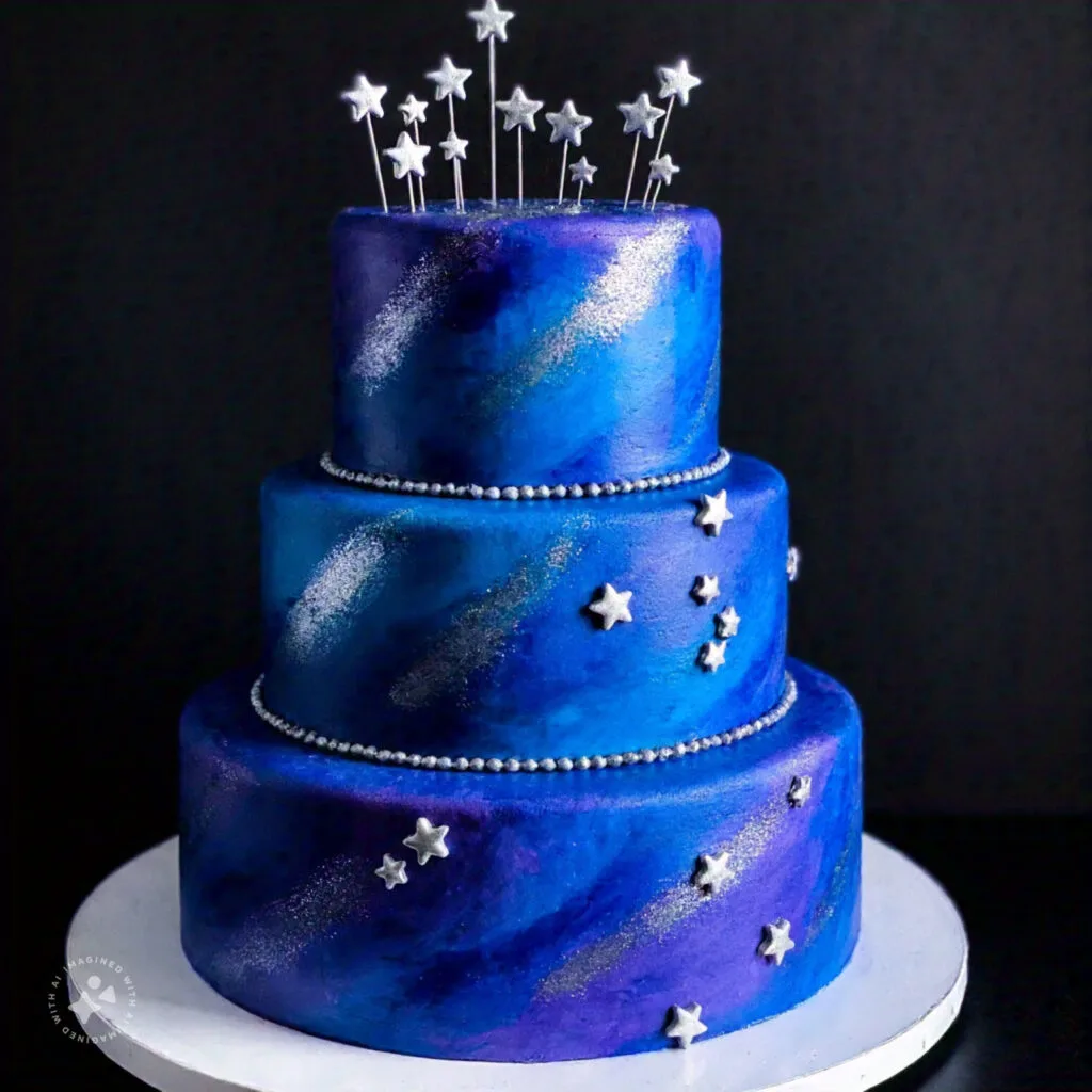A galaxy-themed birthday cake with cosmic patterns