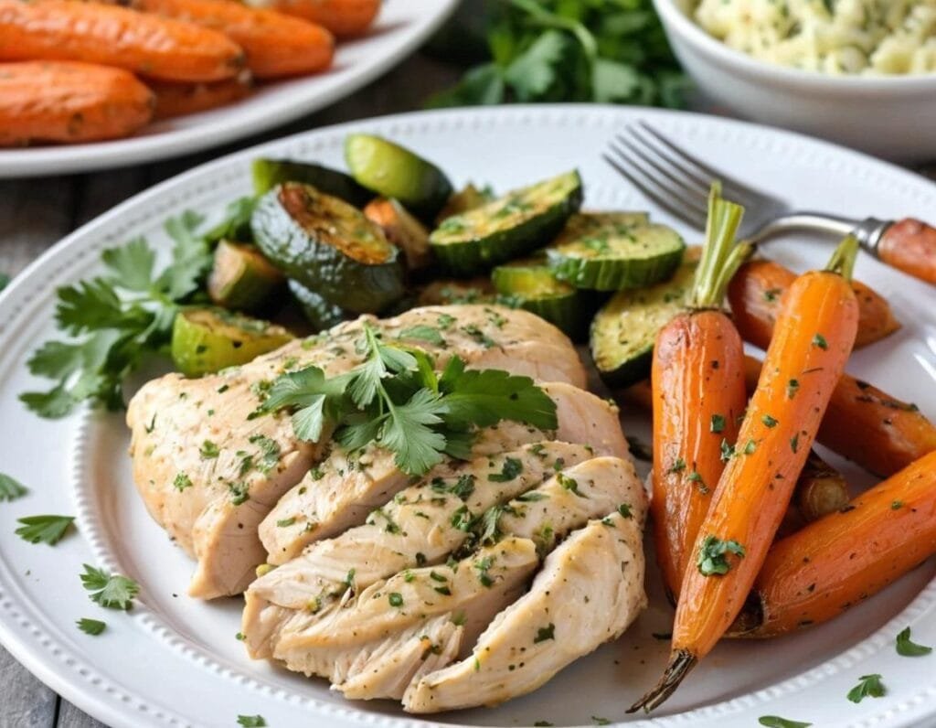 Slow cooker garlic herb chicken breasts with roasted vegetables on a plate.