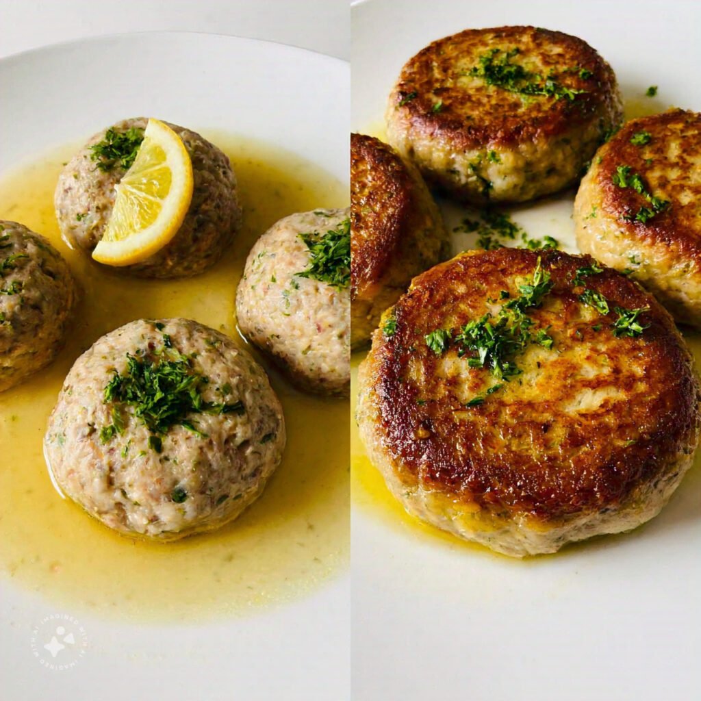 Poached and baked gefilte fish on plates