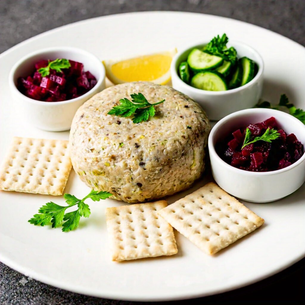 Gefilte fish served with beet salad and matzo crackers