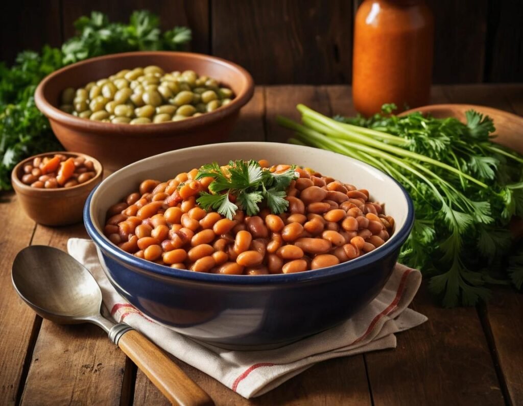 Different styles of baked beans served in bowls, representing regional variations.