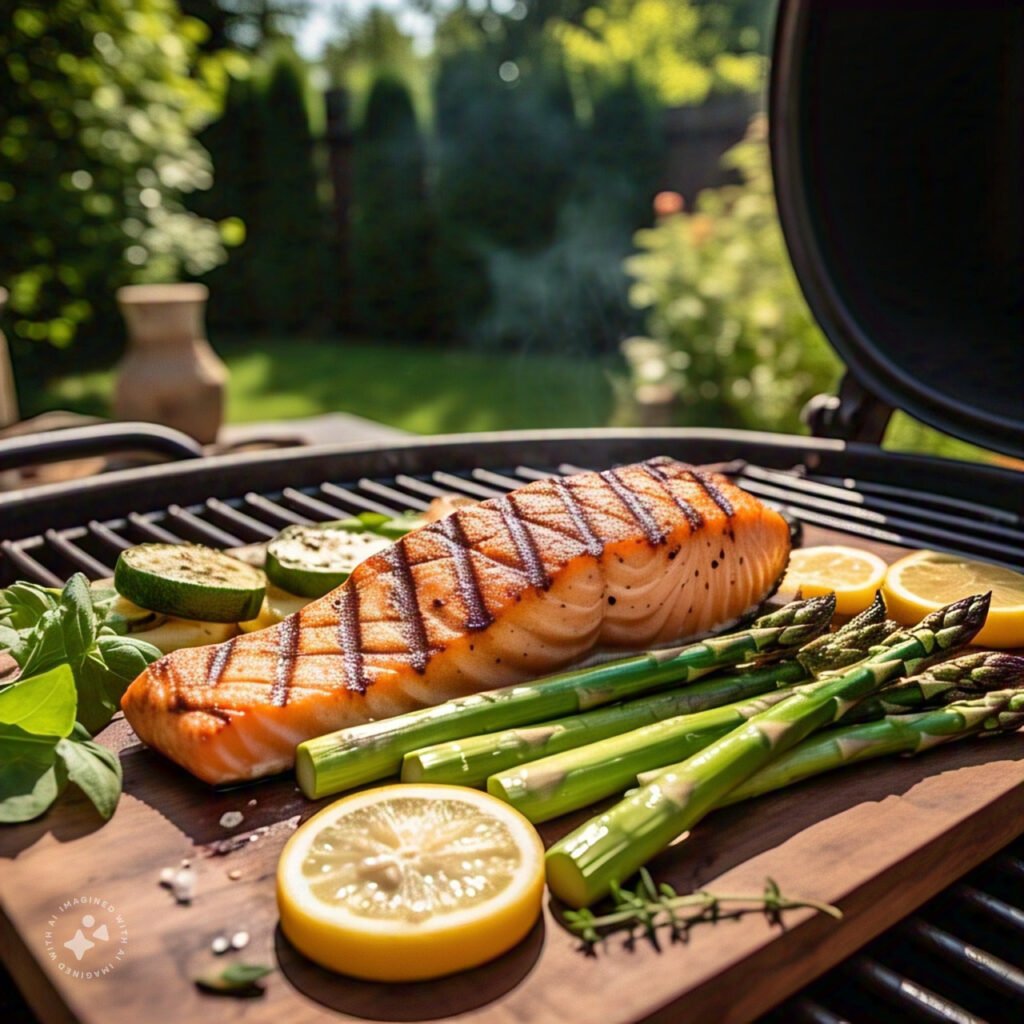 Grilled salmon with perfectly seared grill marks on an outdoor barbecue