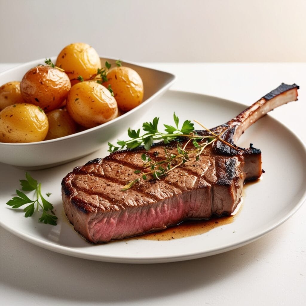 A perfectly grilled Sirloin steak served on a plate with roasted potatoes