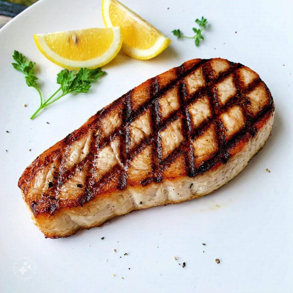 Grilled swordfish steak with seared edges