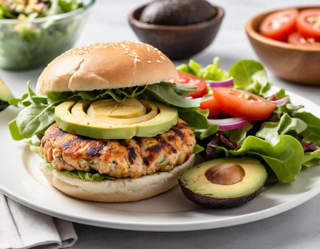 A grilled ground chicken burger with fresh toppings and a side of salad.