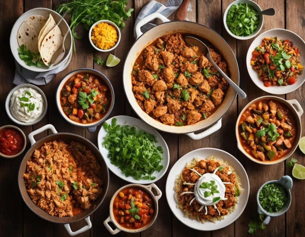 A variety of ground chicken dishes on a table.