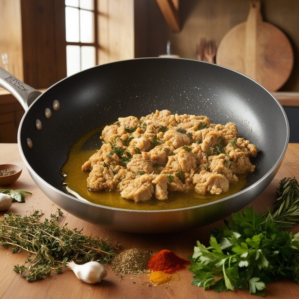 A pan with ground chicken cooking in olive oil.